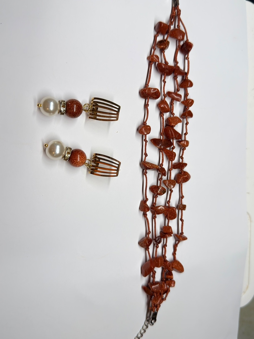Natural Goldstone & Pearl Jewelry Set